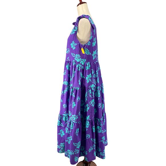 Vtg 80s 90s Two Potato Aloha Floral Midi Tiered Tie Shoulder Dress M Resort Wear - Picture 4 of 16